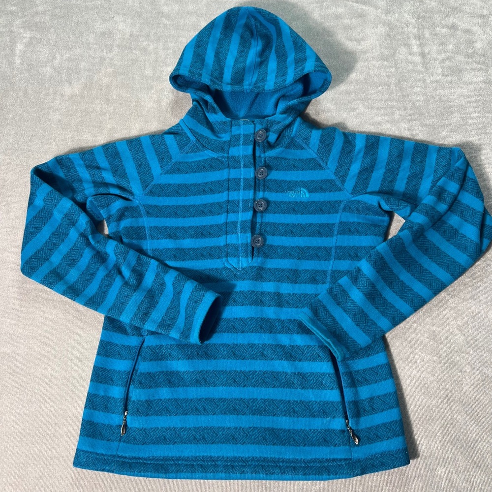 The North Face Womens Blue Striped Fleece Hoodie Quarter Button Pullover Small